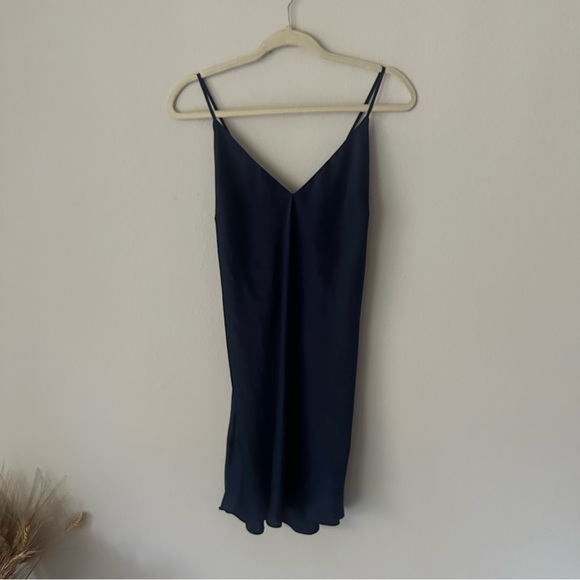 Aritzia Wilfred Navy Slip Satin Mini Dress Cross back Size large - Picture 1 of 8